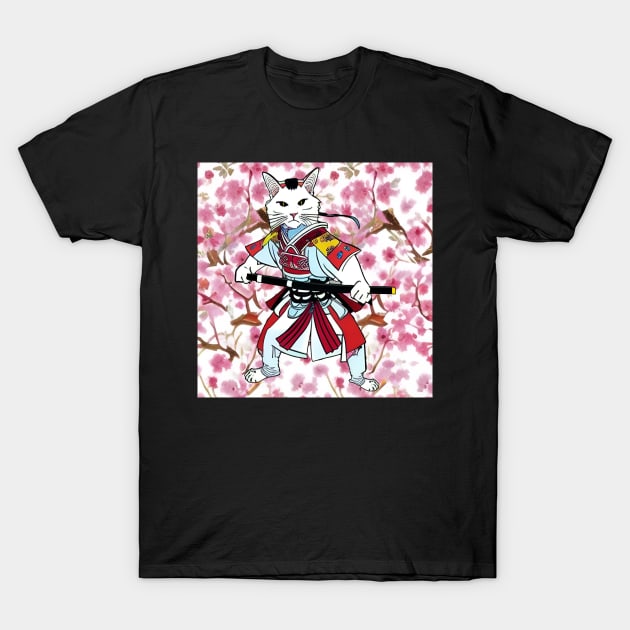 Haku Cat Samurai with Sakura! T-Shirt by DarkwingDave